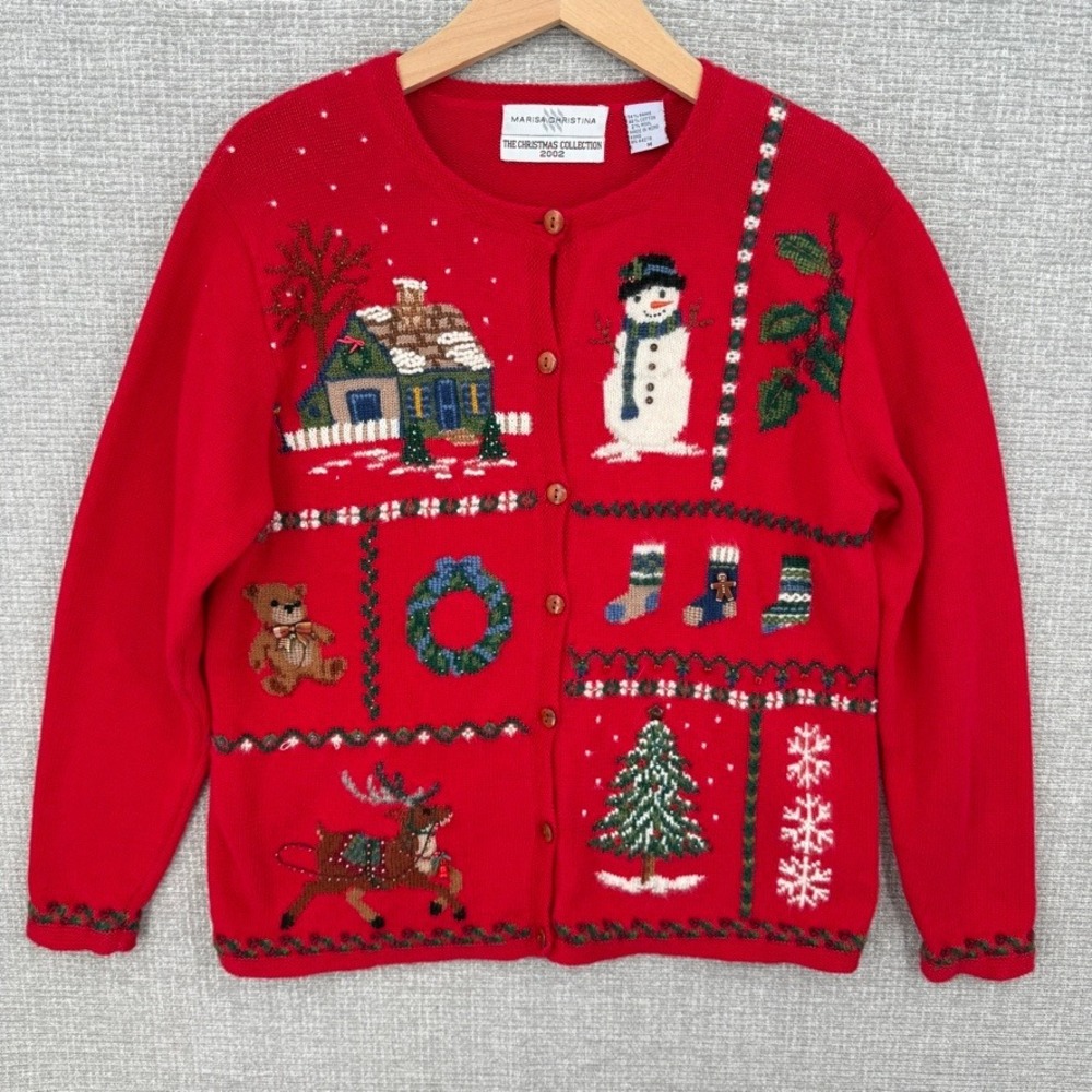 Vtg Marisa Christina Christmas Cardigan Women M Red Holiday Cottage Ugly Sweater